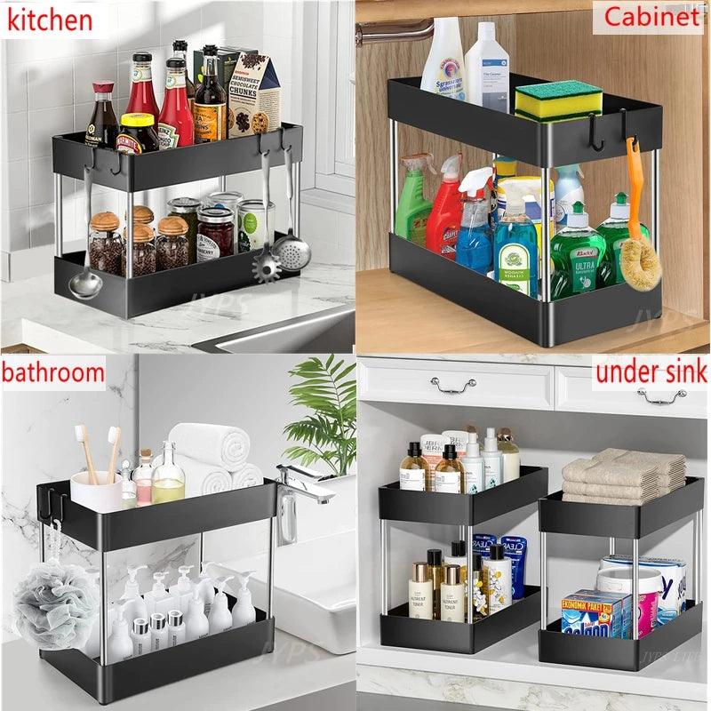 1/2 Pcs Under Sink Storage Organizer 2 Tier Drawer Multipurpose Rack Cabinet Under Sink Storage Rack Bathroom Kitchen Organizer