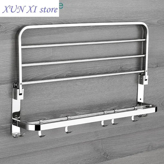 2023 Folding Movable Bath Towel Shelf Stainless Steel Polished Bathroom Towel Rack Holder Storage Shelf Hook Accessories