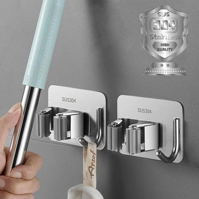 304 Stainless Steel Mop Holder Wall Mounted Self-Adhesive Kitchen Bathroom Waterproof Multi-Purpose Broom Hanger Strong Hook