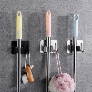 304 Stainless Steel Mop Holder Wall Mounted Self-Adhesive Kitchen Bathroom Waterproof Multi-Purpose Broom Hanger Strong Hook