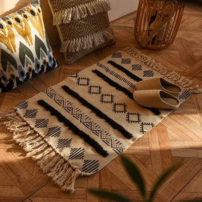 60x90cm Retro Bohemian Hand Woven Tassel Carpet for Home Living Room Window Bedside Linen Rug Table Runner Door Mat Home Decor