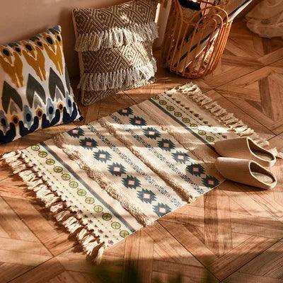 60x90cm Retro Bohemian Hand Woven Tassel Carpet for Home Living Room Window Bedside Linen Rug Table Runner Door Mat Home Decor