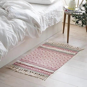 60x90cm Retro Bohemian Hand Woven Tassel Carpet for Home Living Room Window Bedside Linen Rug Table Runner Door Mat Home Decor