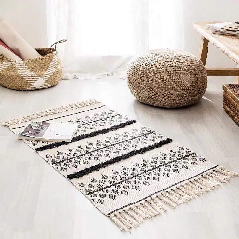 60x90cm Retro Bohemian Hand Woven Tassel Carpet for Home Living Room Window Bedside Linen Rug Table Runner Door Mat Home Decor