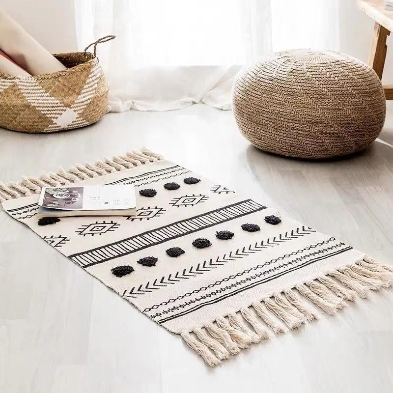 60x90cm Retro Bohemian Hand Woven Tassel Carpet for Home Living Room Window Bedside Linen Rug Table Runner Door Mat Home Decor