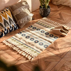 60x90cm Retro Bohemian Hand Woven Tassel Carpet for Home Living Room Window Bedside Linen Rug Table Runner Door Mat Home Decor