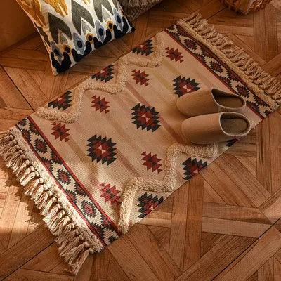 60x90cm Retro Bohemian Hand Woven Tassel Carpet for Home Living Room Window Bedside Linen Rug Table Runner Door Mat Home Decor