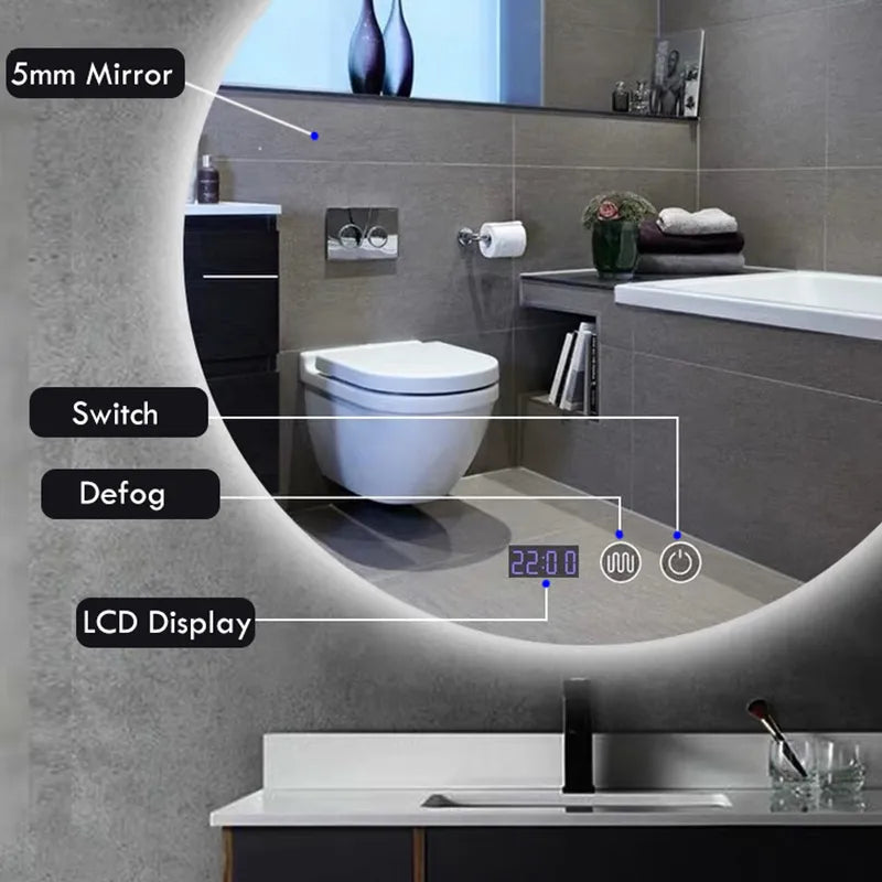 80CM Round Mirror 3 Color Adjustable Backlight With Smart Hotel Bedroom Defogging Decorative Mirror LED Bathroom
