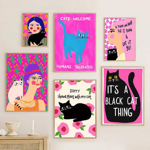 Abtract Retro Black Cartoon Cat Wall Art Poster Print Pink Canvas Girl Room Home Decor Pink Girl Funny Quotes Canvas Painting