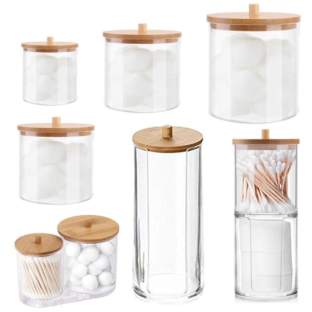 Acrylic Qtips Holder Dispenser Bathroom Jars with Bamboo Lids, Cotton Ball Pad Round Swab Holder for Bathroom Accessories Storag