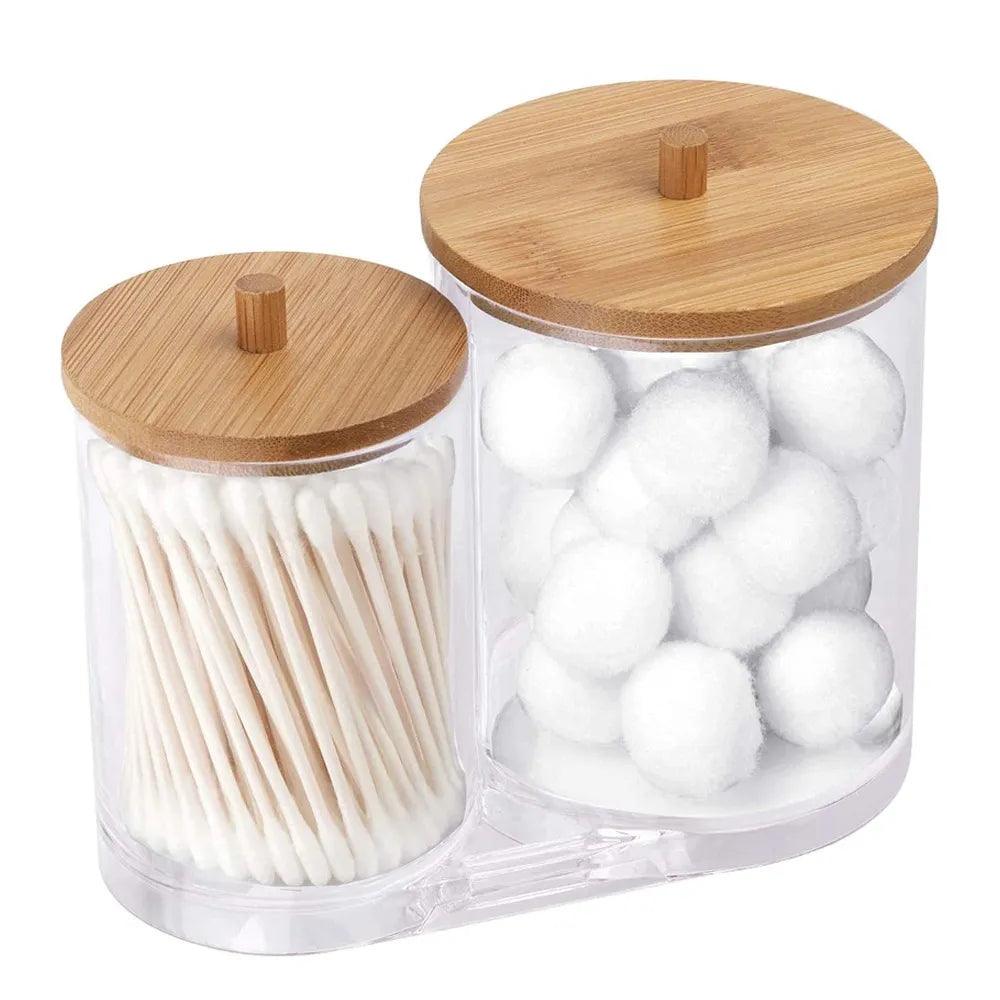 Acrylic Qtips Holder Dispenser Bathroom Jars with Bamboo Lids, Cotton Ball Pad Round Swab Holder for Bathroom Accessories Storag