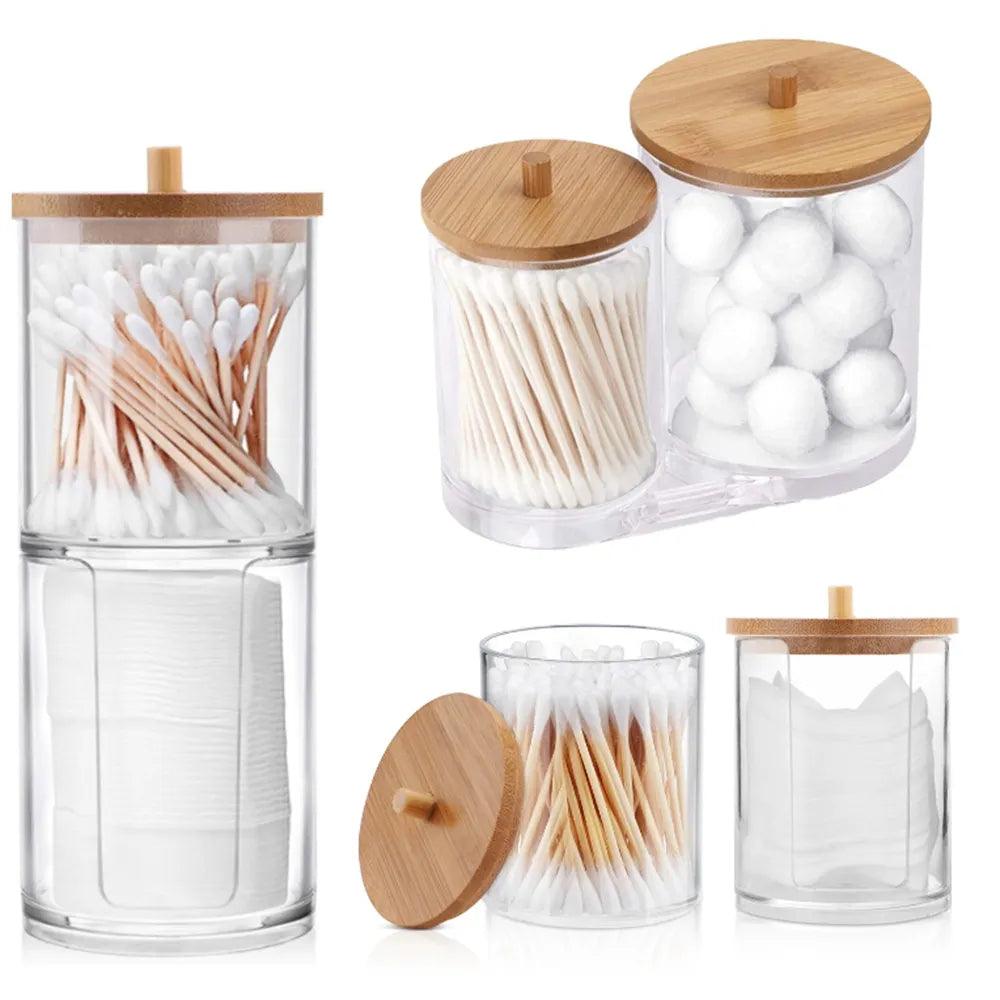 Acrylic Qtips Holder Dispenser Bathroom Jars with Bamboo Lids, Cotton Ball Pad Round Swab Holder for Bathroom Accessories Storag