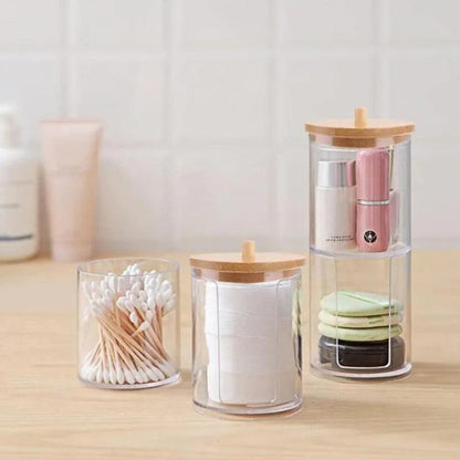 Acrylic Storage Box Bathroom Jar Makeup Organizer Cotton Round Pad Holder Cotton Swab Box Qtip Holder Dispenser with Bamboo Lid