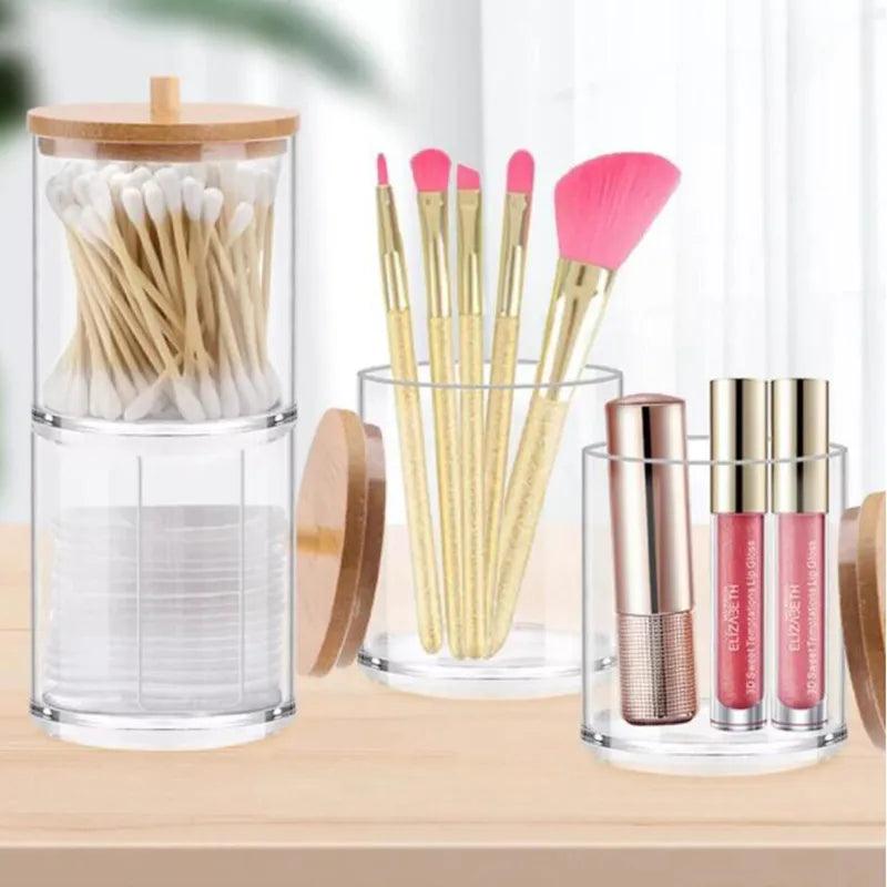 Acrylic Storage Box Bathroom Jar Makeup Organizer Cotton Round Pad Holder Cotton Swab Box Qtip Holder Dispenser with Bamboo Lid