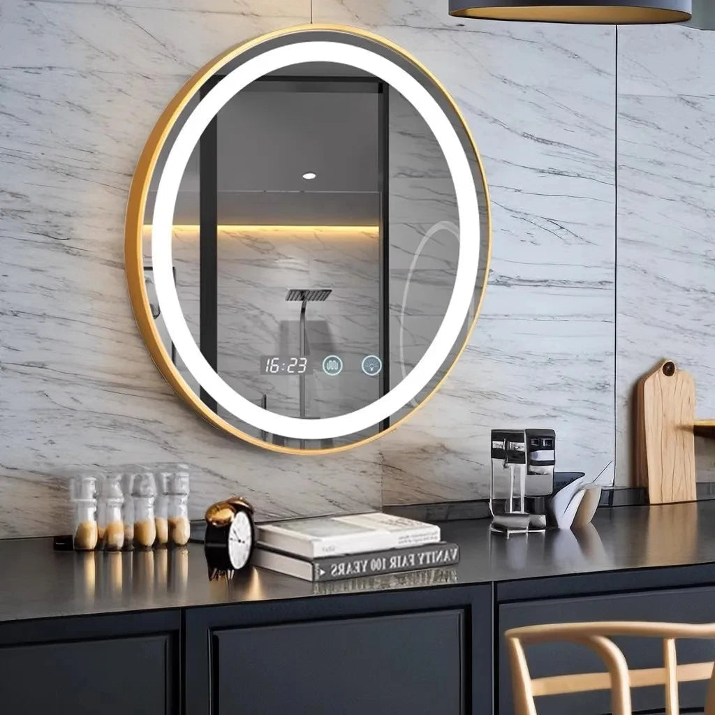 Bathroom Mirror with LED Lights Circle Backlit Illuminated Wall Mounted Lighted Mirror Anti-Fog 3 Colors Change IP65 Dimmable