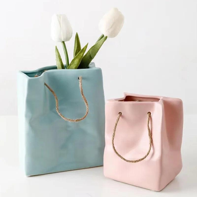 Ceramic Handbag Vase Shopping Basket Dried Artificial Flower Vases Bag Arrangement Ornaments Table Nordic Decoration