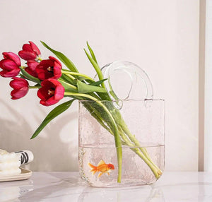 Clear Glass Bag vase Clear Cool & Cute vase for centerpieces Fish Bowl Handbag Unique Flower vase Decorative