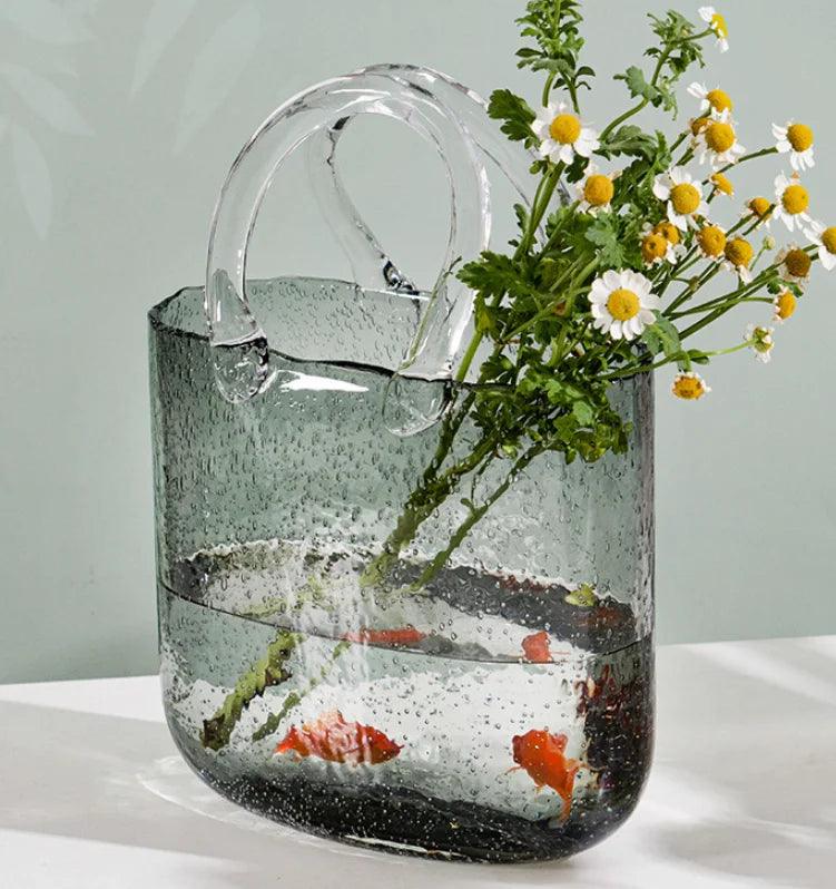 Clear Glass Bag vase Clear Cool & Cute vase for centerpieces Fish Bowl Handbag Unique Flower vase Decorative