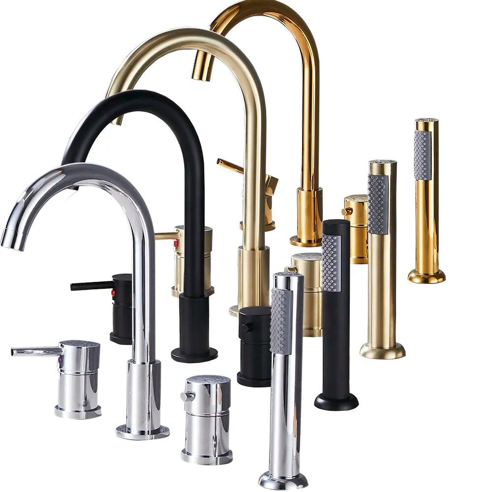 Deck Mount Bathroom Bathtub Faucet Set with Handheld Shower Tub Faucet Hot and Cold Water Mixer Bath Faucet Gold Bathtub Tap