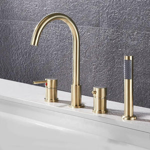 Deck Mount Bathroom Bathtub Faucet Set with Handheld Shower Tub Faucet Hot and Cold Water Mixer Bath Faucet Gold Bathtub Tap