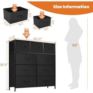 Dresser with 9 Drawers for Bedroom Fabric Storage Tower, Organizer Unit Sturdy Steel Frame, Wooden Top & Easy Pull