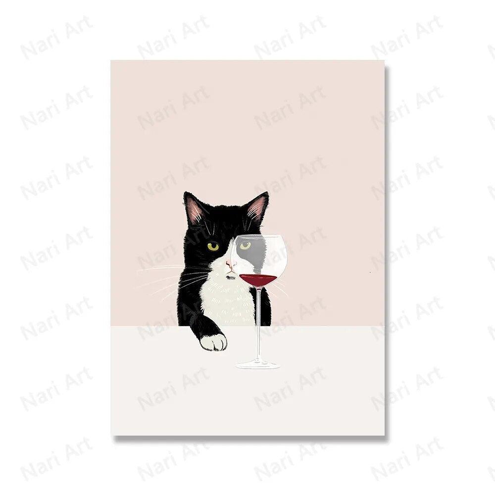 Funny Black White Cats Red Wine Poster And Prints Canvas Painting Cat Lover Wall Art Pictures For Living Room Kitchen Home Decor