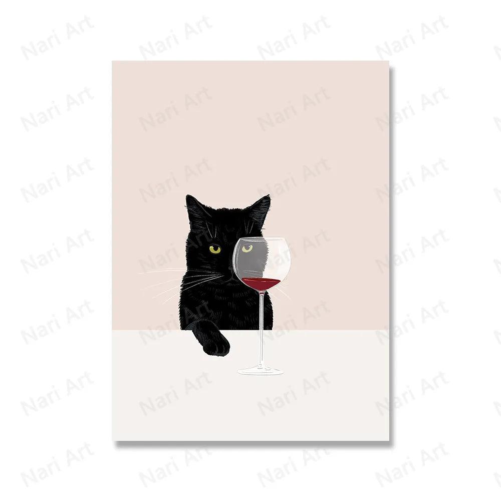 Funny Black White Cats Red Wine Poster And Prints Canvas Painting Cat Lover Wall Art Pictures For Living Room Kitchen Home Decor