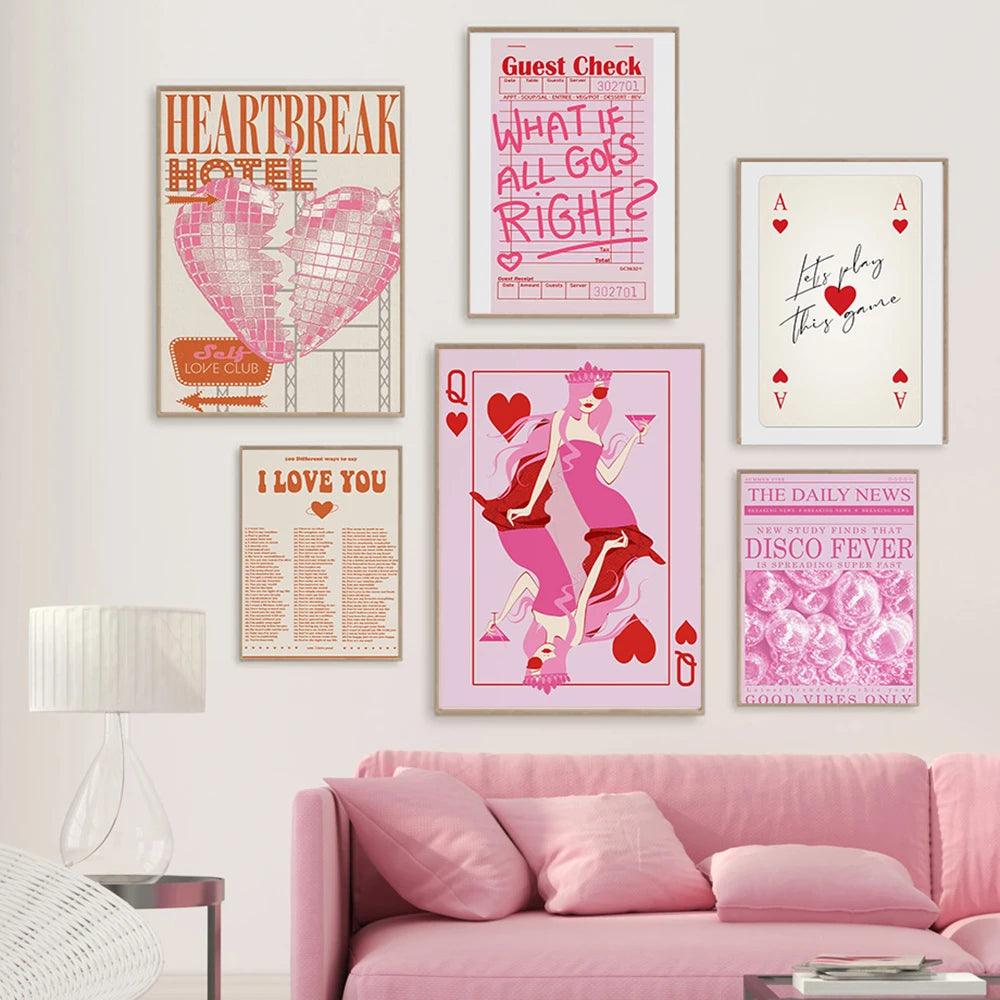 Funny Retro Cocktail Disco Aesthetic Poster And Prints Pink Preppy Wall Art Canvas Painting Quote Wall Picture Girl Room Decor