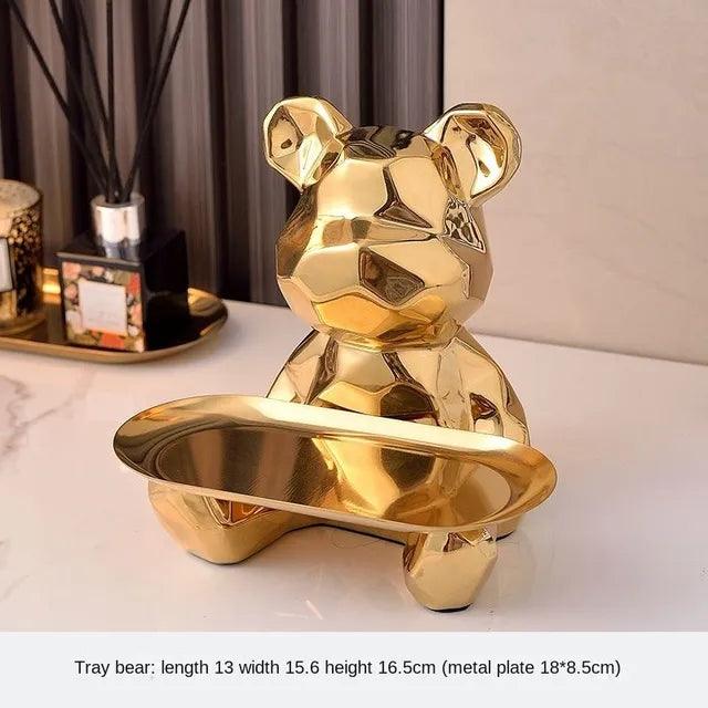 Geometric shape ceramic electroplating statue bear with piggy bank tray, candy, cosmetic storage box, display shelf decoration.