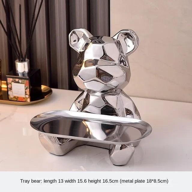 Geometric shape ceramic electroplating statue bear with piggy bank tray, candy, cosmetic storage box, display shelf decoration.