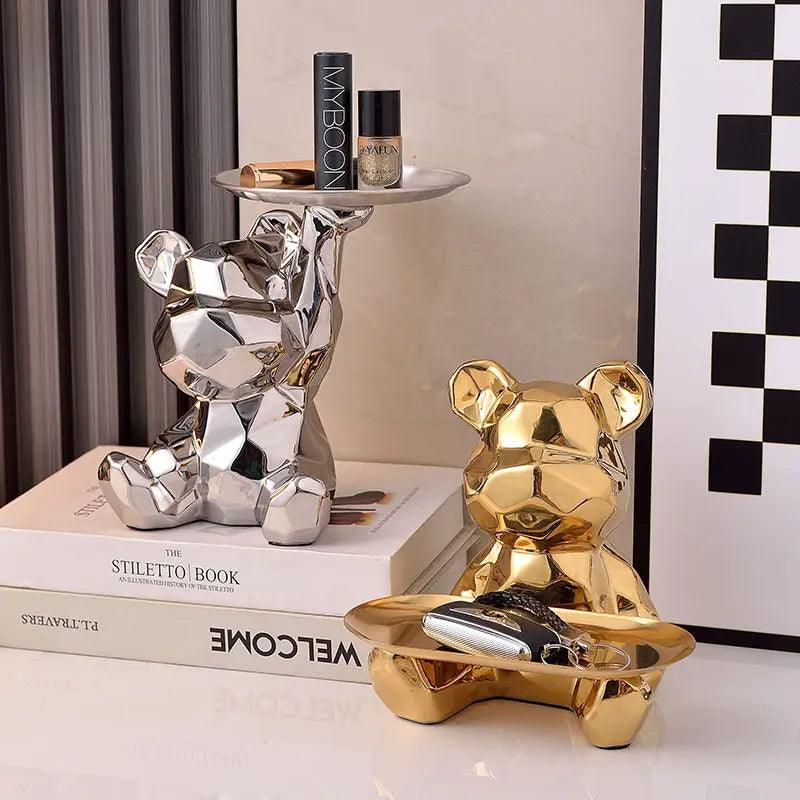 Geometric shape ceramic electroplating statue bear with piggy bank tray, candy, cosmetic storage box, display shelf decoration.