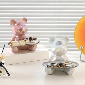 Geometric shape ceramic electroplating statue bear with piggy bank tray, candy, cosmetic storage box, display shelf decoration.