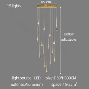 Gold Long Chandelier Minimalist Floodlight LED Duplex Villa Lighting Living Room Dining Room Light Rotary Staircase Chandelier