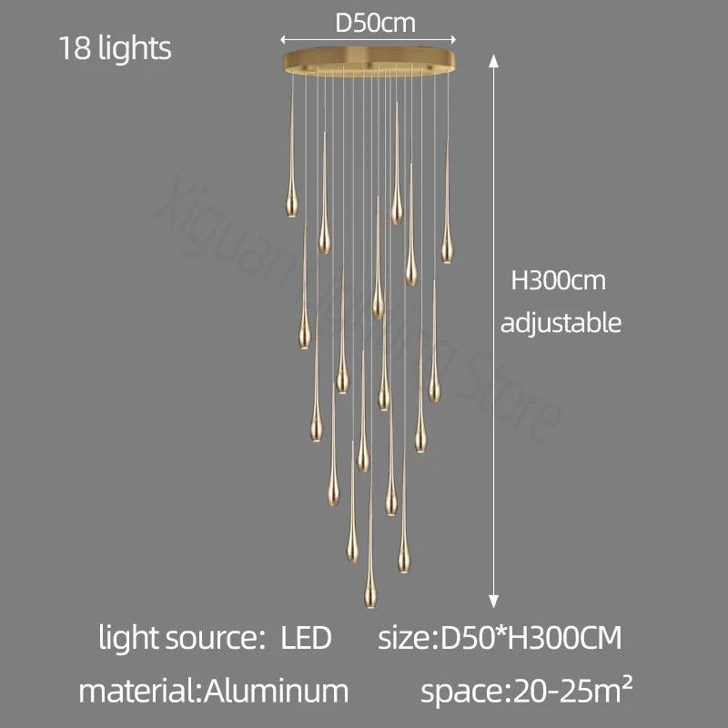 Gold Long Chandelier Minimalist Floodlight LED Duplex Villa Lighting Living Room Dining Room Light Rotary Staircase Chandelier