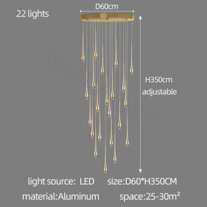 Gold Long Chandelier Minimalist Floodlight LED Duplex Villa Lighting Living Room Dining Room Light Rotary Staircase Chandelier