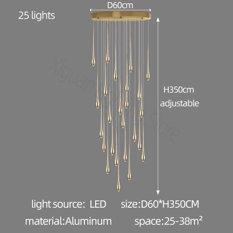 Gold Long Chandelier Minimalist Floodlight LED Duplex Villa Lighting Living Room Dining Room Light Rotary Staircase Chandelier