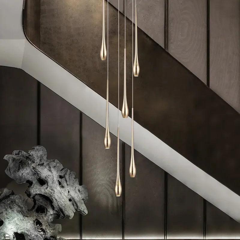 Gold Long Chandelier Minimalist Floodlight LED Duplex Villa Lighting Living Room Dining Room Light Rotary Staircase Chandelier