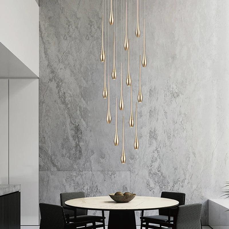 Gold Long Chandelier Minimalist Floodlight LED Duplex Villa Lighting Living Room Dining Room Light Rotary Staircase Chandelier