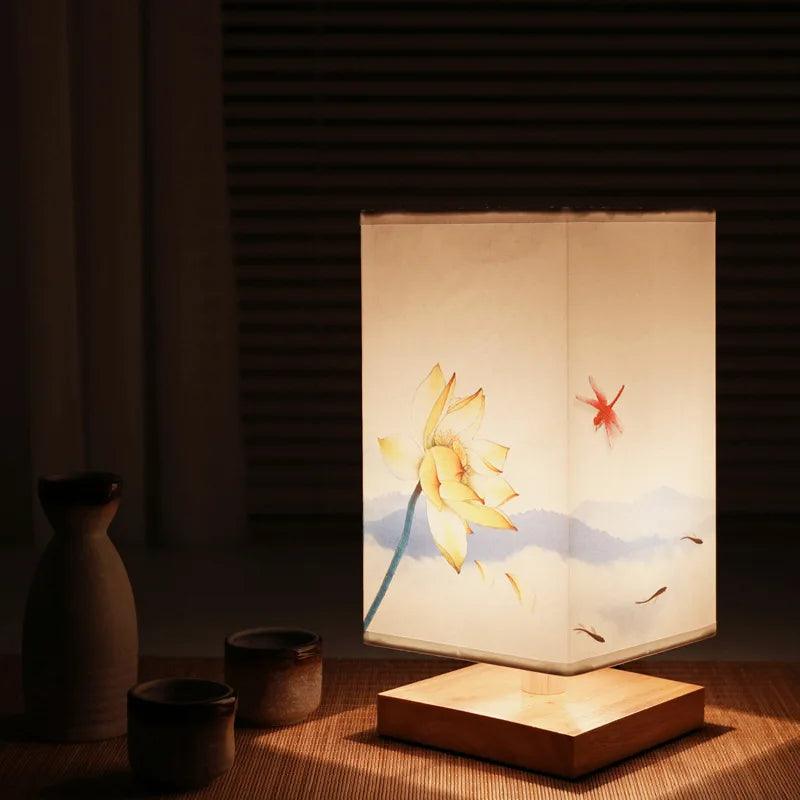 LED Square Decoration Table Lamps Simple Chinese Style Dimmable EU Plug Night Light Fabric Lampshade Bedroom Bedside Lights