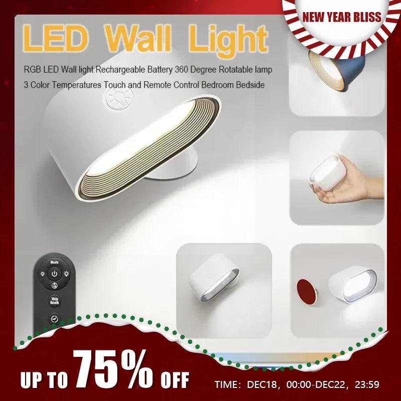 LED Wall Light Rechargeable 360° Rotatable Lamp 5 Brightness Levels RGB Night Light Touch and Remote-Control for Household Lamp
