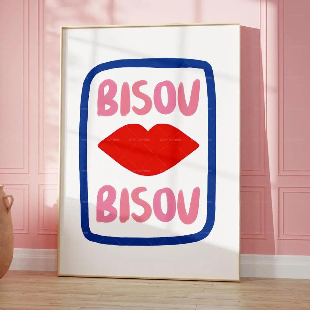 Maximalist Eclectic Pink French Quotes Bisou Bisou Bonjour Bonne Nuit Wall Art Canvas Painting Posters Living Room Home Decor