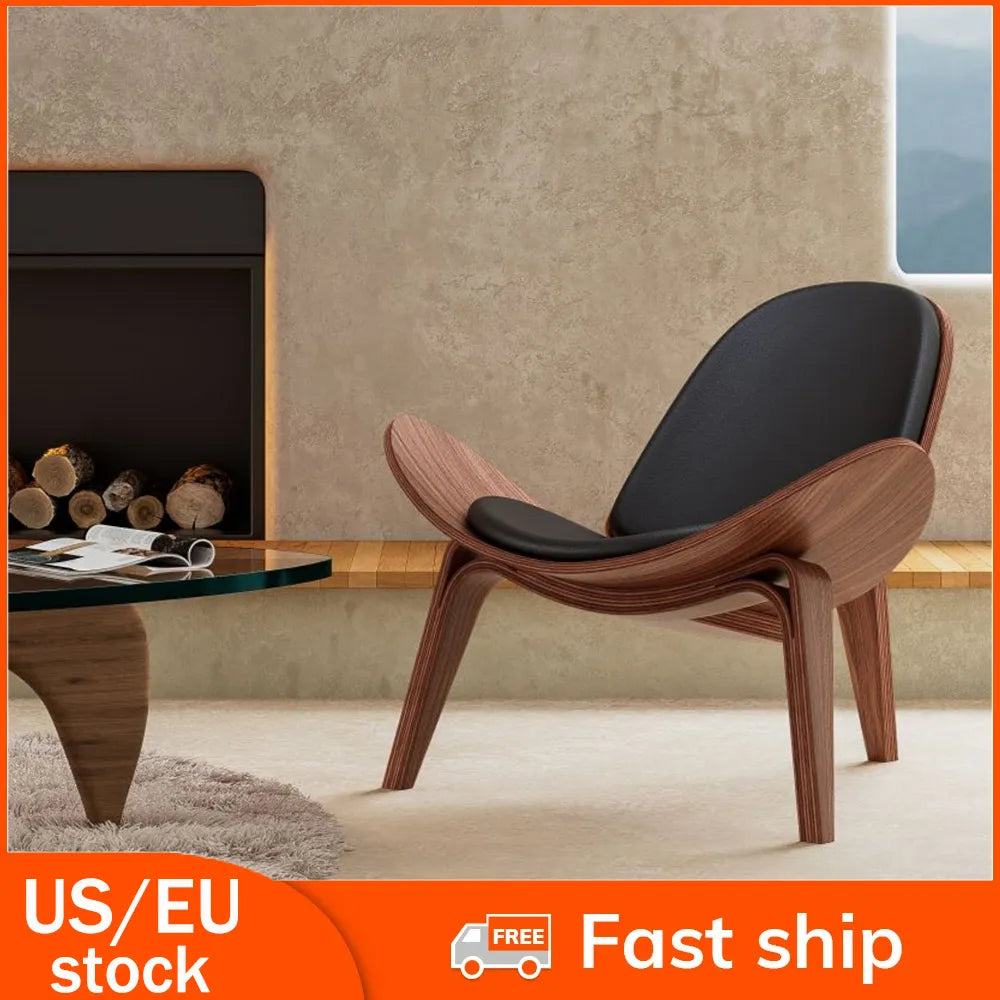 Mid Century Lounge Chair Replica Shell Chair Modern Tripod Lounge Chair Wood Living Room Chairs with Black PU Leather Chairs