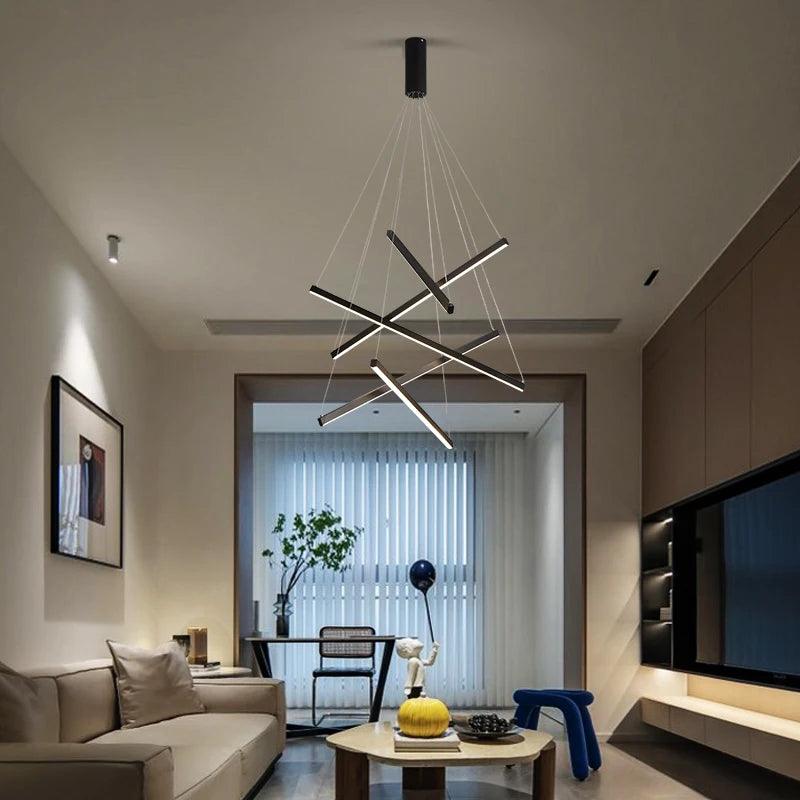 Modern Minimalist Line Chandelier Luxury House Staircase Hanging Lamp Living Room High Floor Pendant Light for Home Decor