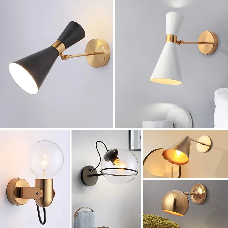 Modern Nordic Wall Light Lamp for Corridor Bedside Living Room Bedroom Iron Art Adjustable Plating E27 Base Head Sconce Fixture