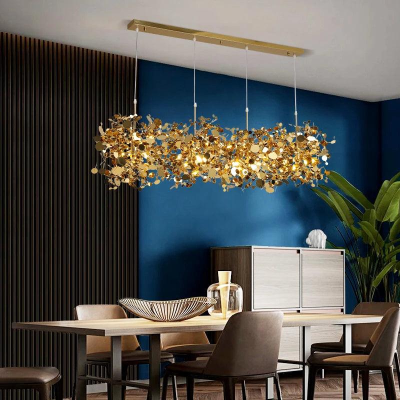 Modern Stainless Steel Chandelier Leaf Sequin Restaurant Hanging Lamp Golden Personality Shop Bar Kitchen Island Hanging Lamp