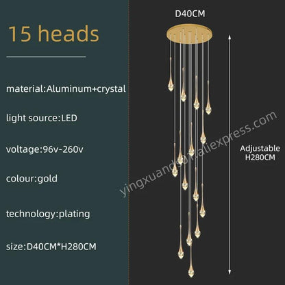 Modern Villa Chandelier Household Hanging Light Duplex Golden Loft Chandelier Minimalist Creative Crystal Staircase Pendent Lamp