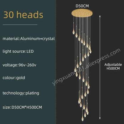 Modern Villa Chandelier Household Hanging Light Duplex Golden Loft Chandelier Minimalist Creative Crystal Staircase Pendent Lamp