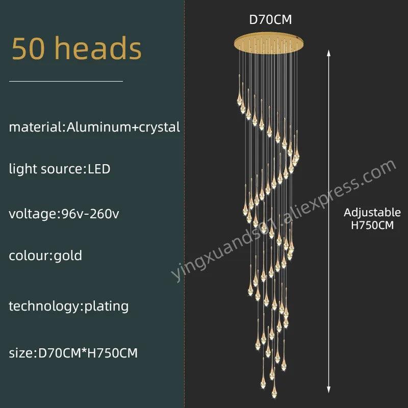 Modern Villa Chandelier Household Hanging Light Duplex Golden Loft Chandelier Minimalist Creative Crystal Staircase Pendent Lamp