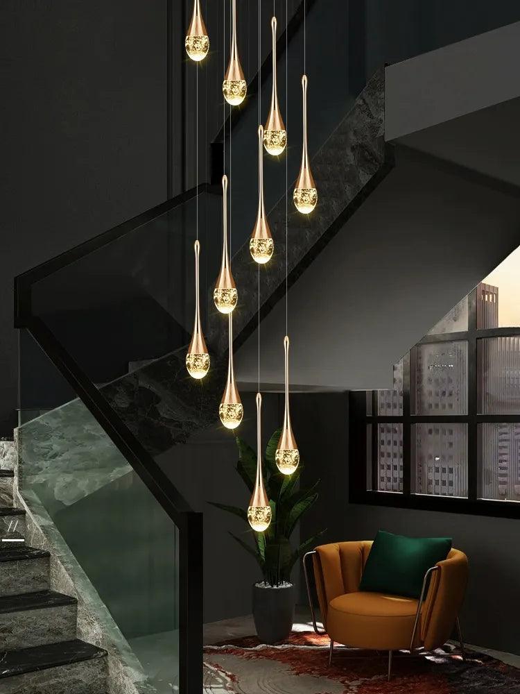 Modern Villa Chandelier Household Hanging Light Duplex Golden Loft Chandelier Minimalist Creative Crystal Staircase Pendent Lamp