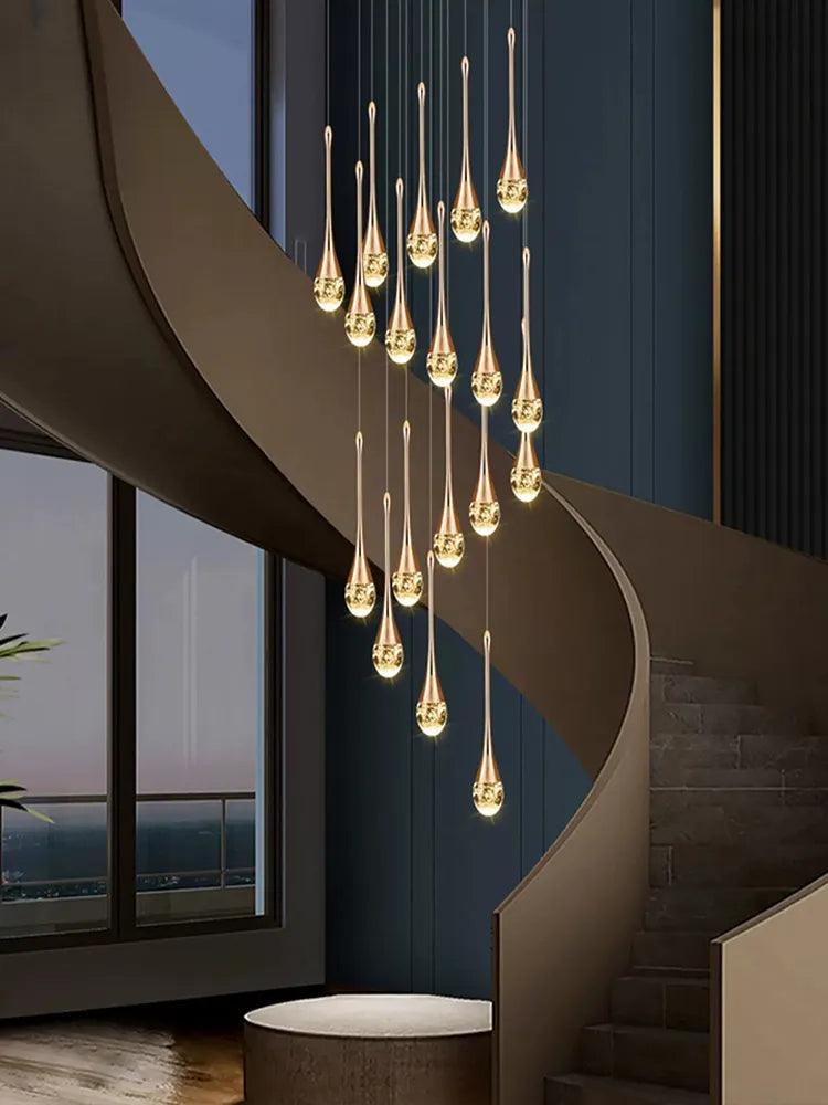 Modern Villa Chandelier Household Hanging Light Duplex Golden Loft Chandelier Minimalist Creative Crystal Staircase Pendent Lamp